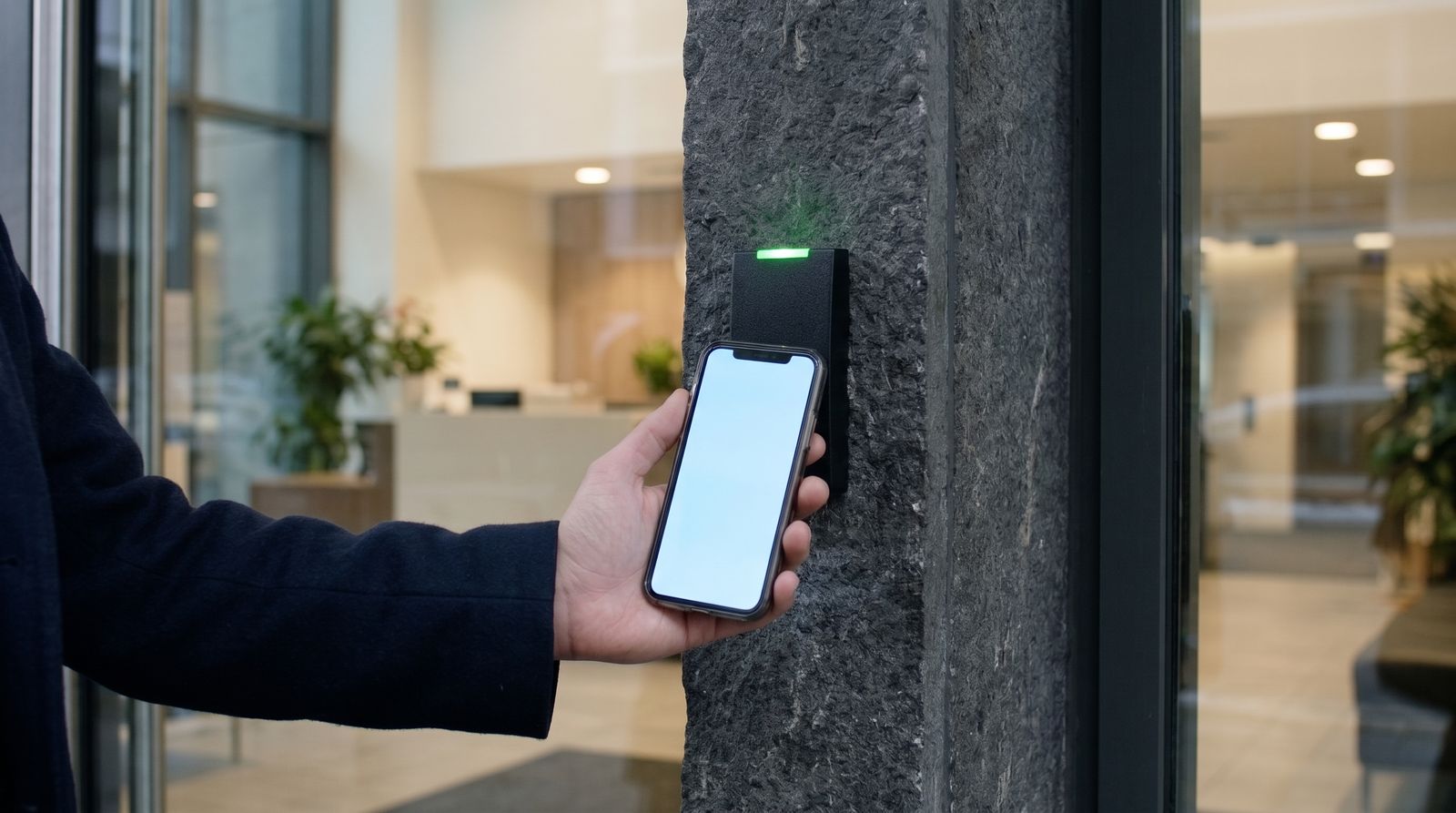 Mano acercando un celular con Token DNI a un lector de acceso